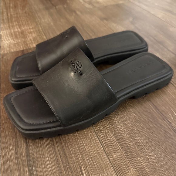 Coach Square Toe Black Leather Slides - Picture 2 of 3
